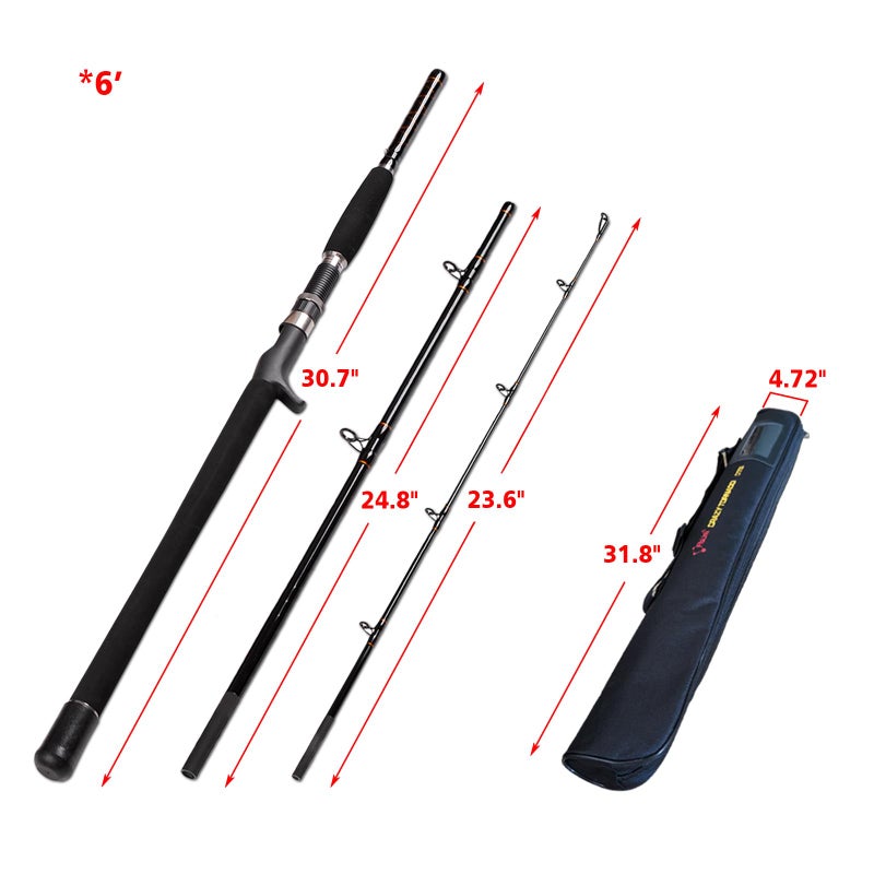 Fiblink Portable Saltwater Offshore Heavy 3-Piece Travel Graphite Baitcasting Fishing Poles Casting Boat Jigging Trolling Conventional Rods with Rod Case Bag (3-Piece 6' Heavy) - Image 2